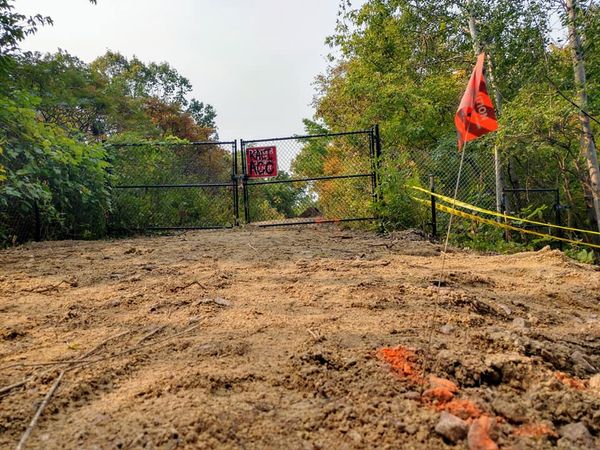 A forest area with black gate, soil on the ground and green trees around.