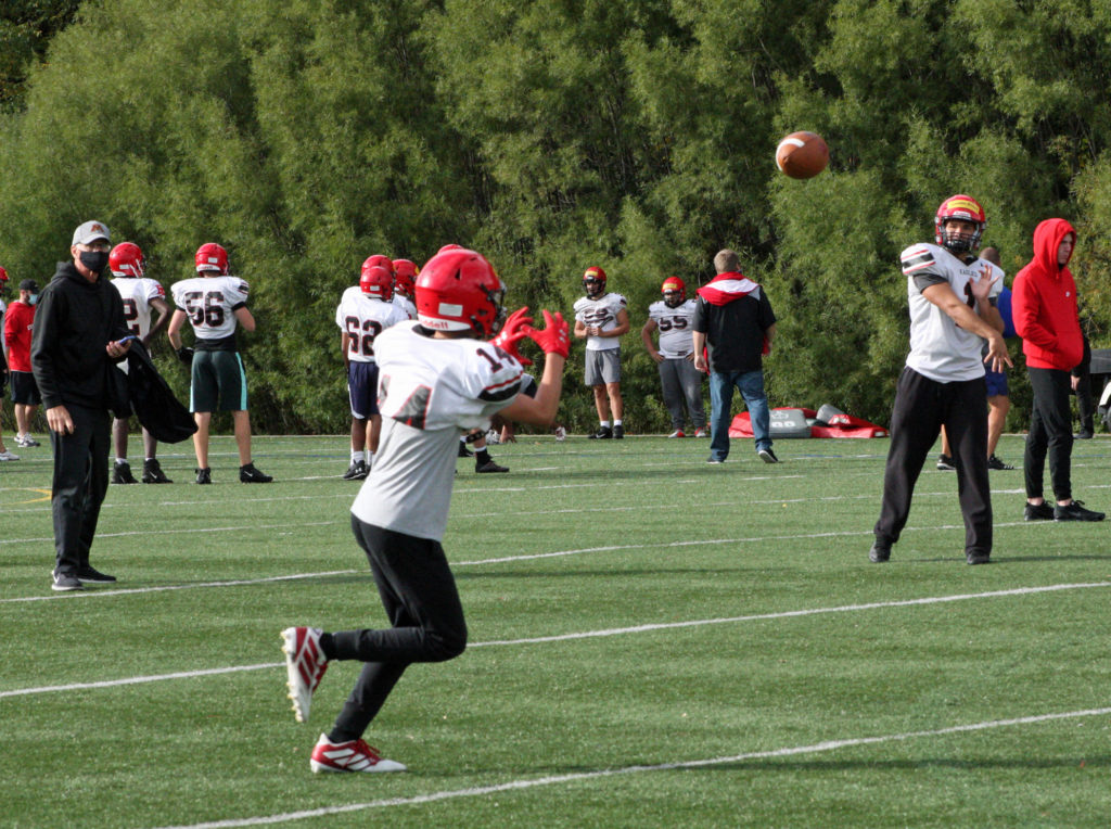 American footballers on the field and one person throwing the football and another person trying to catch the football