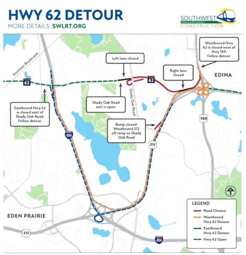 Full closure of Hwy 62 begins 8 pm, Thurs Dec 10; SWLRT work between Shady Oak Rd & Hwy 212