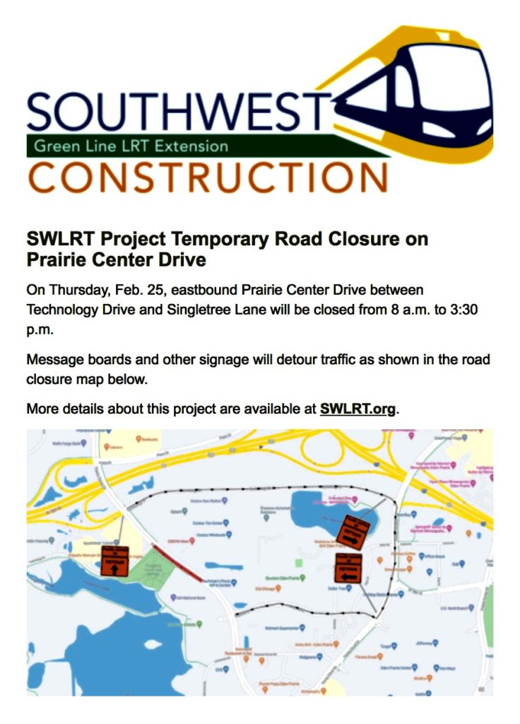 Feb. 25 eastbound Prairie Center Drive closure