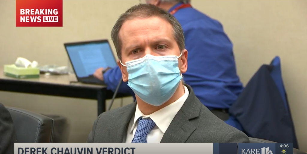 Former police officer Derek Chauvin as the guilty verdicts in the manslaughter and murder charges were announced at 4:06 pm, on April 20, 2021.