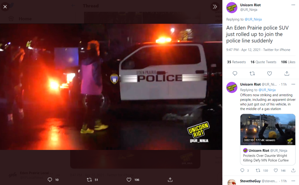 An Eden Prairie police SUV at the Brooklyn Center protests. Photo Credit - Unicorn Riot Alternative Media