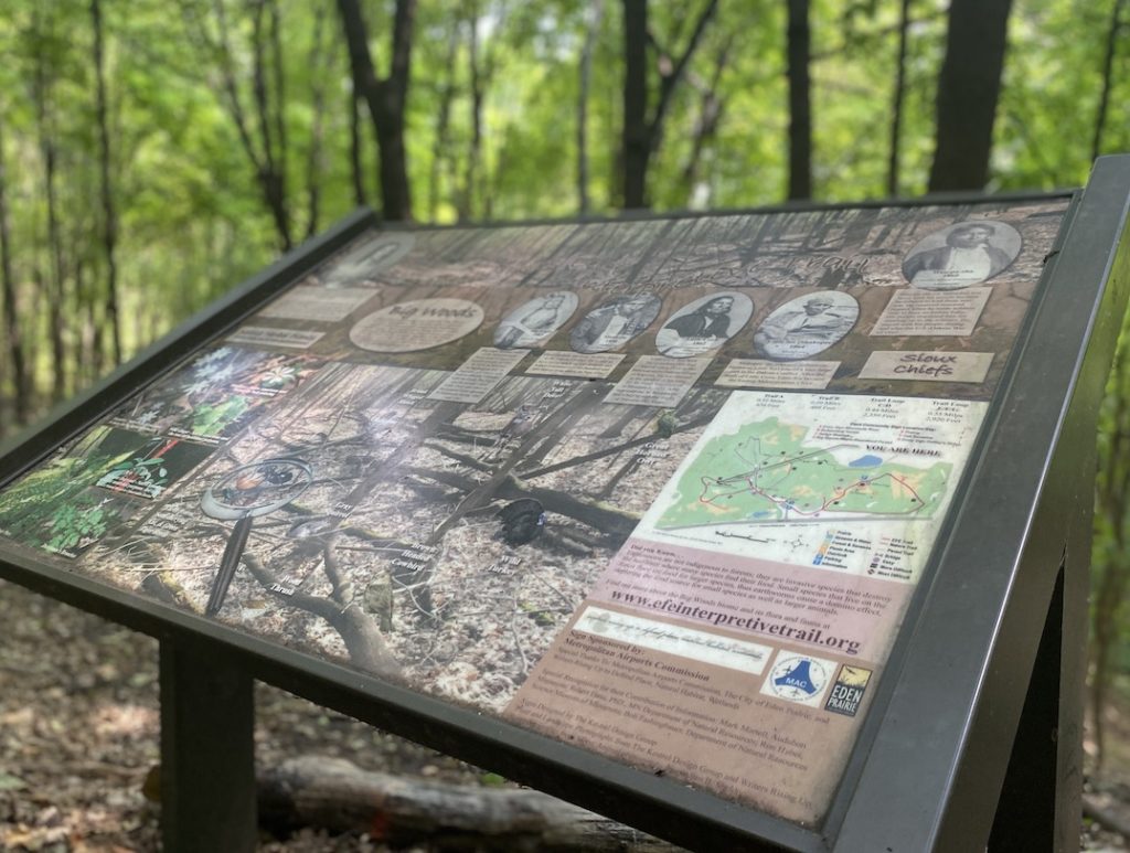 This sign is surrounded by the woods along the Elizabeth Fries Ellet trail.