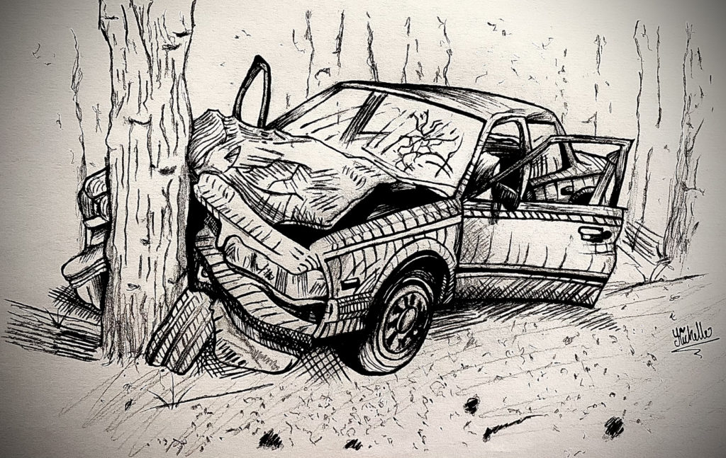 A drawing of a car smashing into a tree.