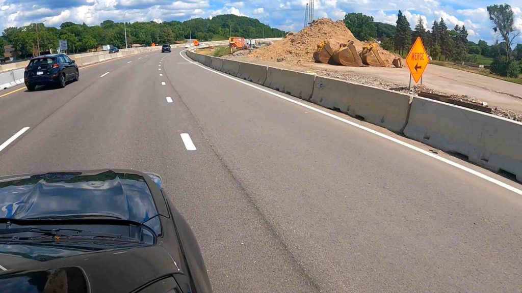 The view of road construction on Highway 62 from the view of a car