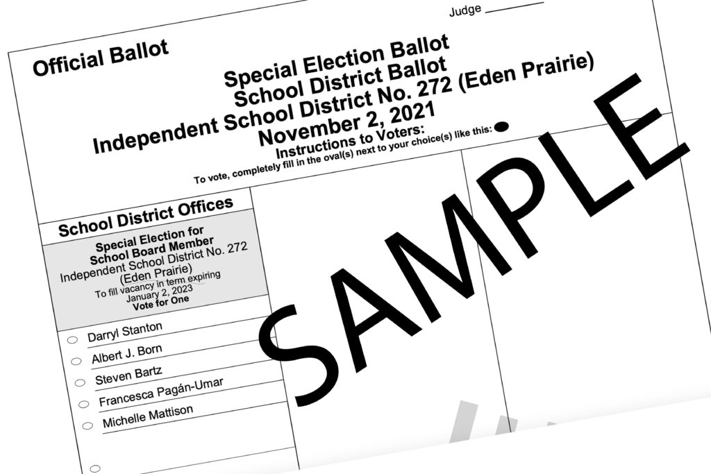 A sample Nov. 2 Eden Prairie School Board special election ballot from the mnvotes.org website, indicating "Vote for One."
