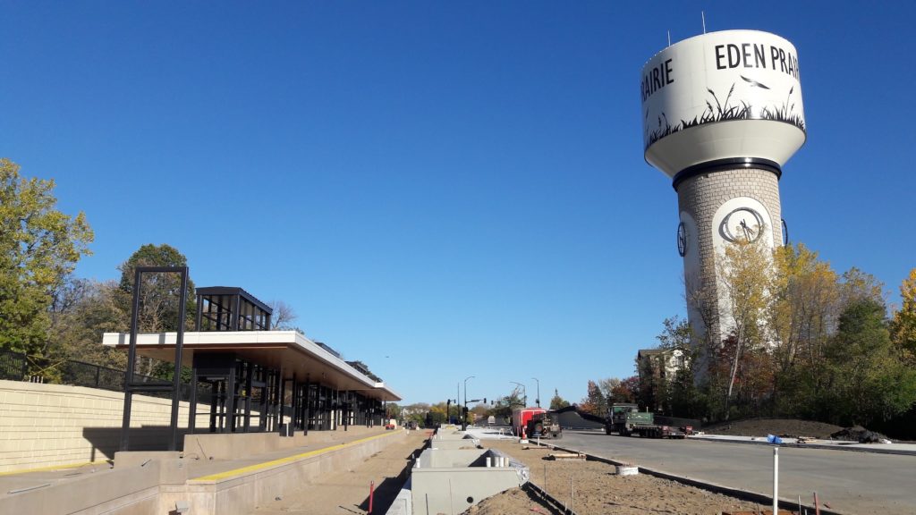 The Eden Prairie water tower looms over the new light rail station