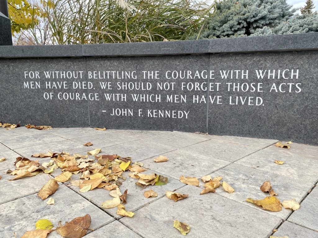 This quote by John F. Kennedy adorns a wall at the Eden Prairie Veterans Memorial. It is one of many quotations from notable people that are featured. Photos by Stuart Sudak