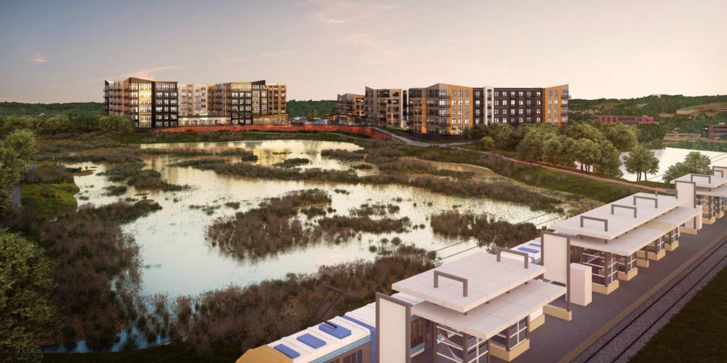 This architect’s rendering included in the city’s packet of information on Blue Stem North shows the apartment project beyond the Golden Triangle LRT Station shown in the foreground.