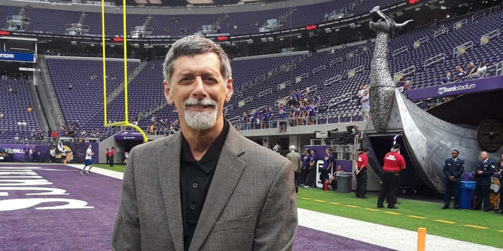 Mark Weber pictured in 2018 at U.S. Bank Stadium. He was there to receive a gift from the Minnesota Vikings and the Wilf family for the Eden Prairie Community Foundation Endowment Fund. Photo courtesy of Mark Weber