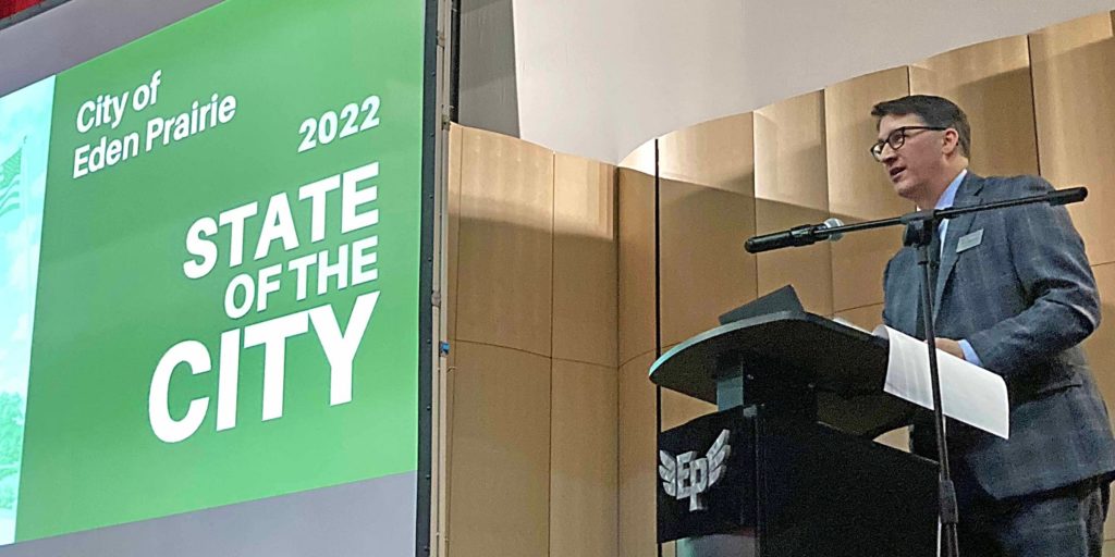 Eden Prairie City Manager Rick Getschow speaks to business leaders during the Jan. 28 “State of the City” program held by the Eden Prairie Chamber of Commerce. (Photos by Mark Weber)