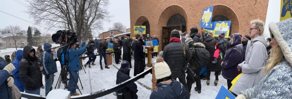 After the invasion, a pro-Ukraine rally was organized outside St. Constantine Ukrainian Catholic Church in Minneapolis on Thursday. Facebook photo by the Ukrainian American Community Center