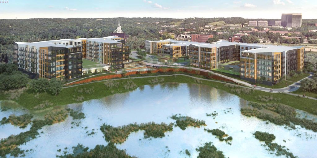 This architect’s rendering included in the city’s packet of information on Blue Stem North shows the apartment project beyond a large adjoining wetland.