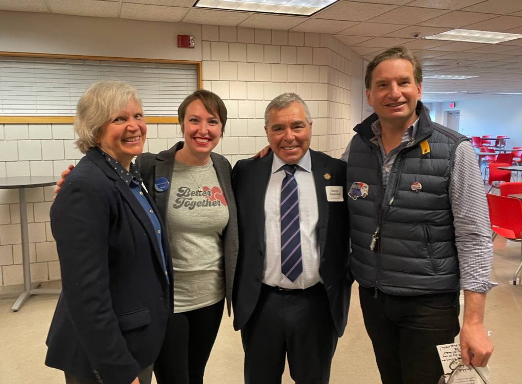 (From left) Laurie Pryor, Carlie Kotyza-Witthuhn, Steve Cwodzinski, Dean Phillips during the April 9 DFL 49 Convention. Submitted photo by Sarah Morrow