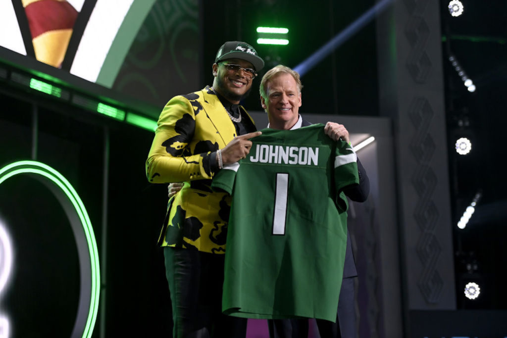 EPHS alum Jermaine Johnson poses with NFL commissioner Roger Goodell after Johnson was taken in the 2021 NFL Draft. Source: ESPN