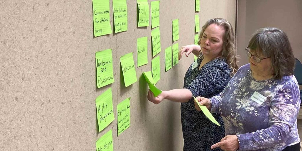 Housing Alliance members including Joan Howe-Pullis and Carol Bomben on Friday conducted exercises that helped them gain consensus on Eden Prairie’s current housing picture, and what would be ideal. Contributed photo