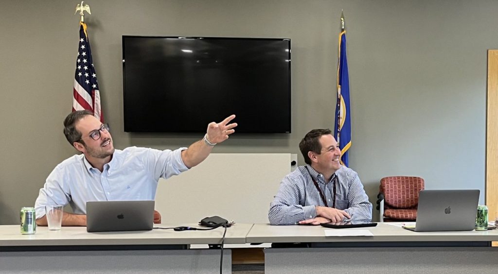 Eden Prairie School Board Chair Adam Seidel (left) and Superintendent Josh Swanson during a June 20 information session for potential board candidates. Photo by Isaac Kerry