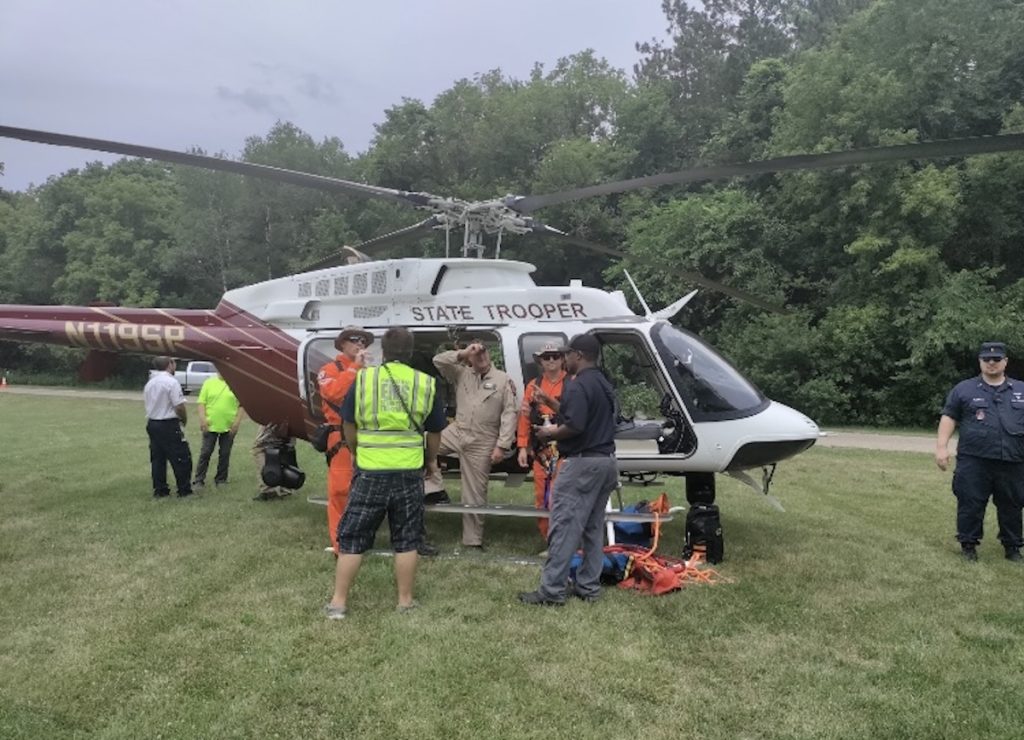 A Minnesota State Patrol helicopter took part in the search and rescue exercise. Photo by 1st Lt. Michael Ireland
