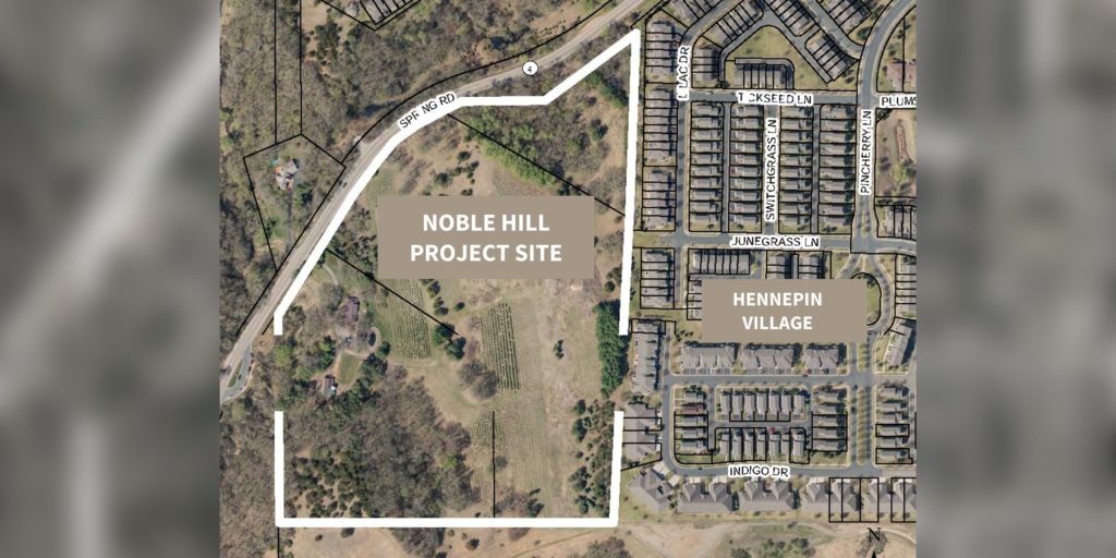 Noble Hill is a housing development plan approved for 28 acres between Spring Road and the Hennepin Village neighborhood in southern Eden Prairie. Fredrick-Miller Spring and Riley Creek are southwest of the site.