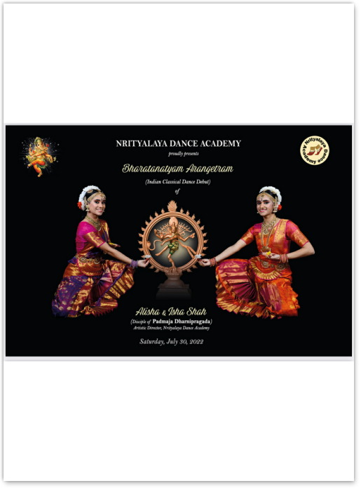 A promotional poster for the Nrityalaya Dance Academy featuring the Shah sisters