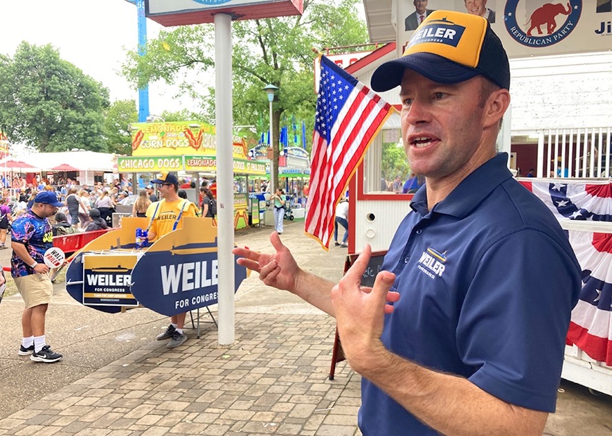 Republican congressional candidate Tom Weiler shown in front of the Minnesota Republican Party booth at the Minnesota State Fair last Sunday.MinnPost photo by Elizabeth Dunbar