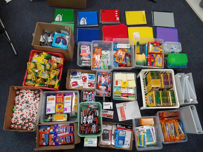 School supplies getting packed for an elementary school. Photo courtesy of Eden Prairie Community Education
