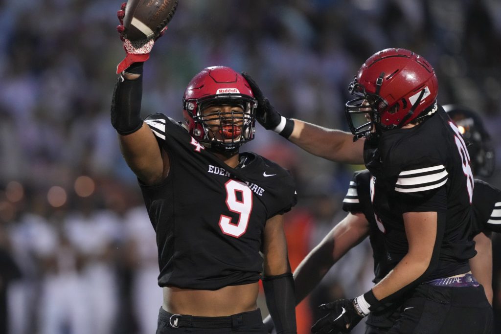 EP senior defensive end Chiddi Obiazor celebrates following a fumble recovery in the Eagles' second win of the season. Photo by Rick Olson.