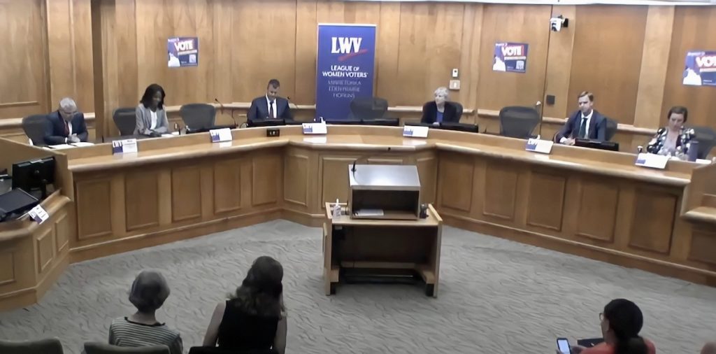 Six local legislative candidates during a Sept. 7 forum at Eden Prairie City Center. Video stills courtesy of the City of Eden Prairie