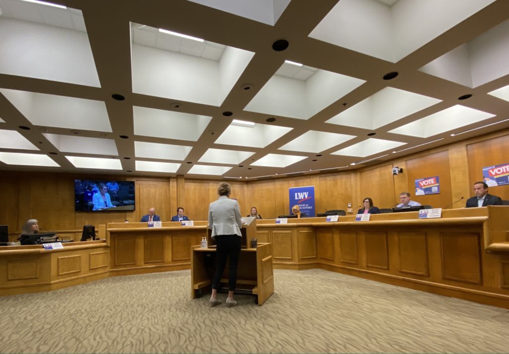 School board candidates answered questions at the League of Women Voters forum in September. Photo by Juliana Allen