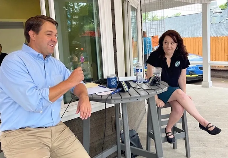 GOP nominee Ryan Wilson, left, speaking during a Minnesota State Fair debate with incumbent DFL Auditor Julie Blaha. Photo by Blois Olson