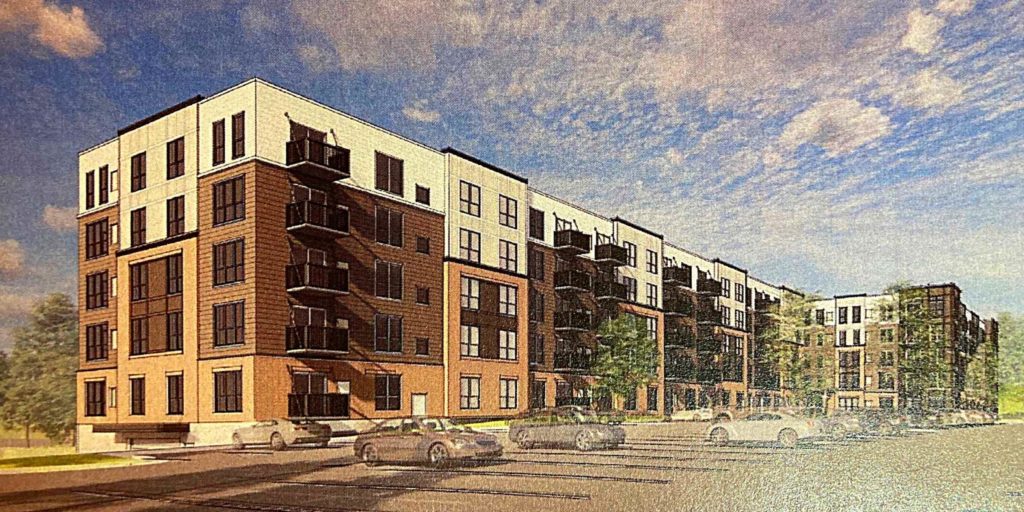 This drawing from Ryan Companies – shared Tuesday with city council members – shows a revised, flat-roof, 210-apartment project as it would appear along Valley View Road, about a block east of Home Depot.