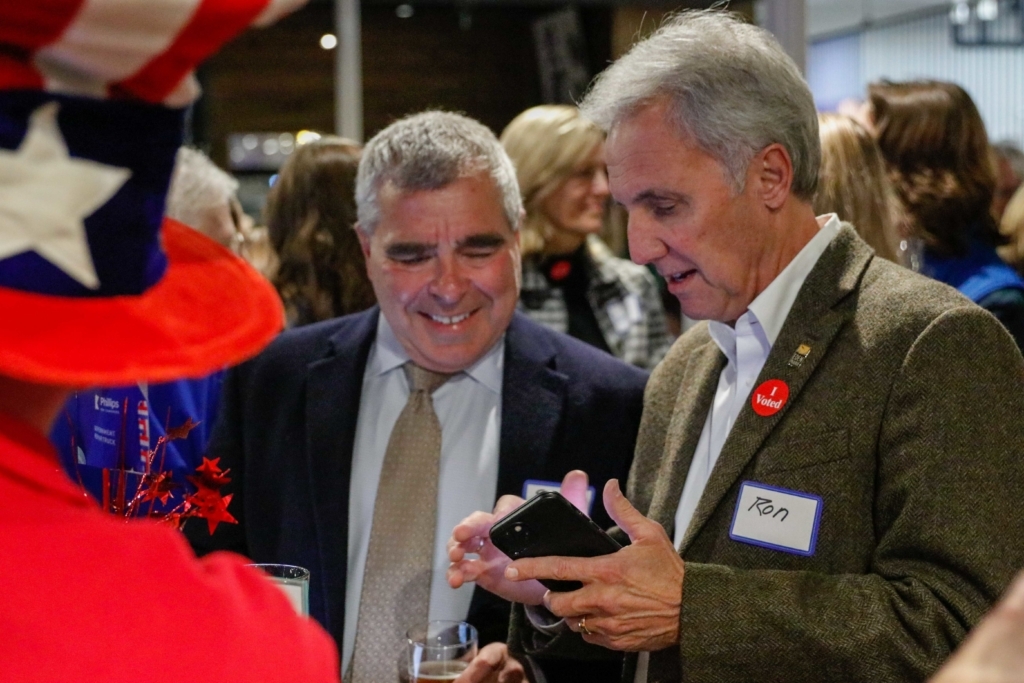 Eden Prairie Mayor Ron Case and state Sen. Steve Cwodzinski at an election night party at Unmapped Brewery in Minnetonka. Photo by Gillian Holte