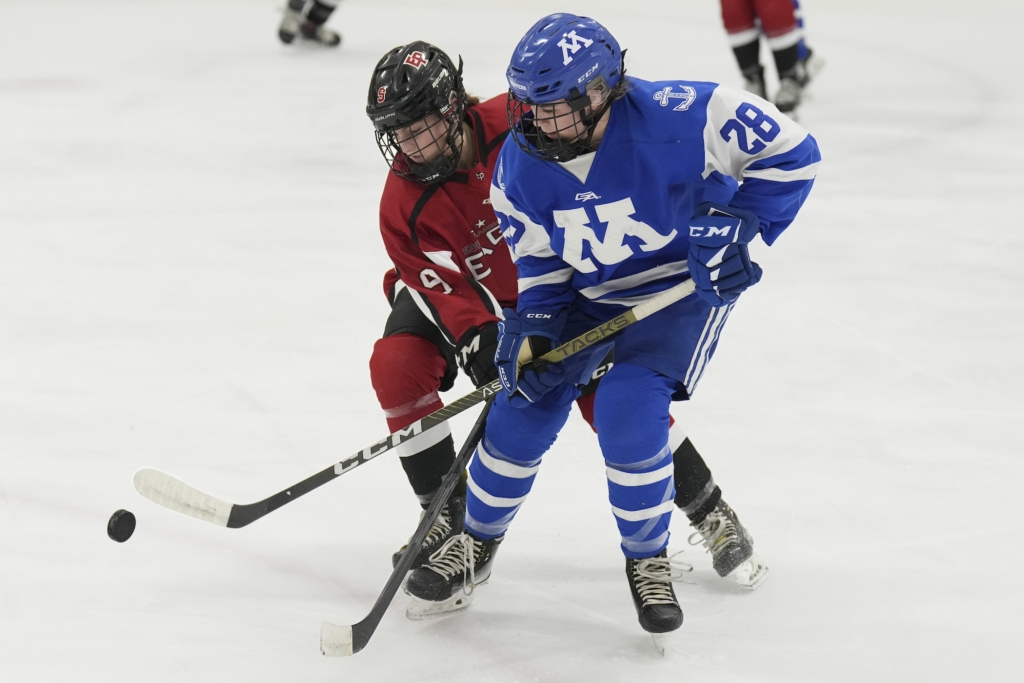 Eagles sophomore forward Lauen Pottinger (9) battles for the puck Tuesday vs. Minnetonka. Photo by Rick Olson