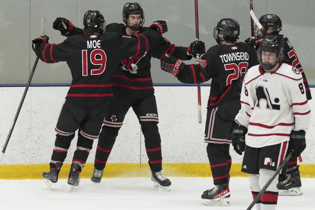 Senior captain Ryan Koering (5) celebrates his goal in the first period with Mason Moe (19) and fellow captain Teddy Townsend (28) in the Eagles’ 7-5 over Lakeville North on Tuesday. Photo by Rick Olson

