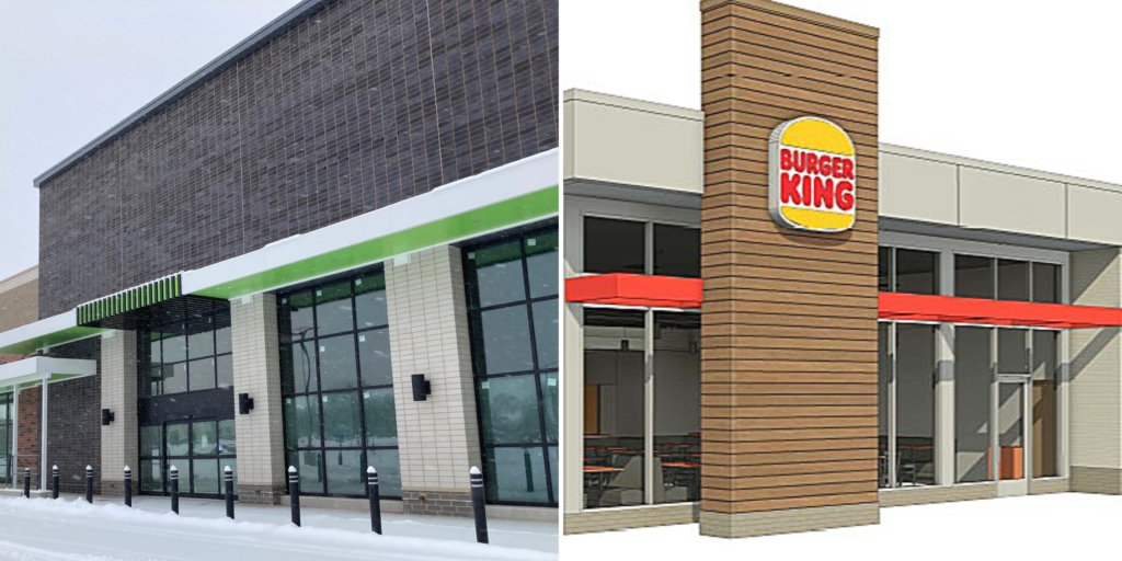 The pause button has been hit on two high-profile developments in Eden Prairie: Left, a new grocery store thought to be an Amazon Fresh and, right, a new Burger King similar to this rendering provided to city officials.