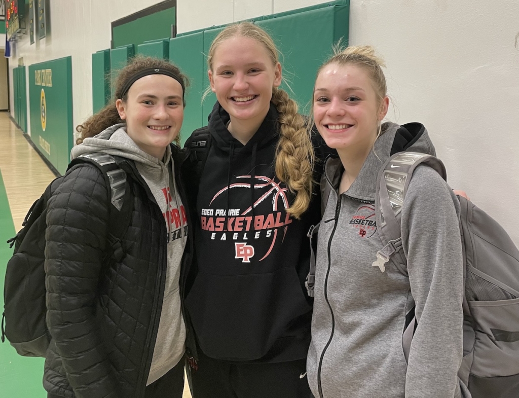 Eagles senior guard Molly Lenz (left), senior forward Kylee Bamlett (center) and sophomore guard Tori Schlagel were Eden Prairie’s players of the game Wednesday vs. St. Louis Park in the Park Center Girls Basketball Showcase. Staff photo
