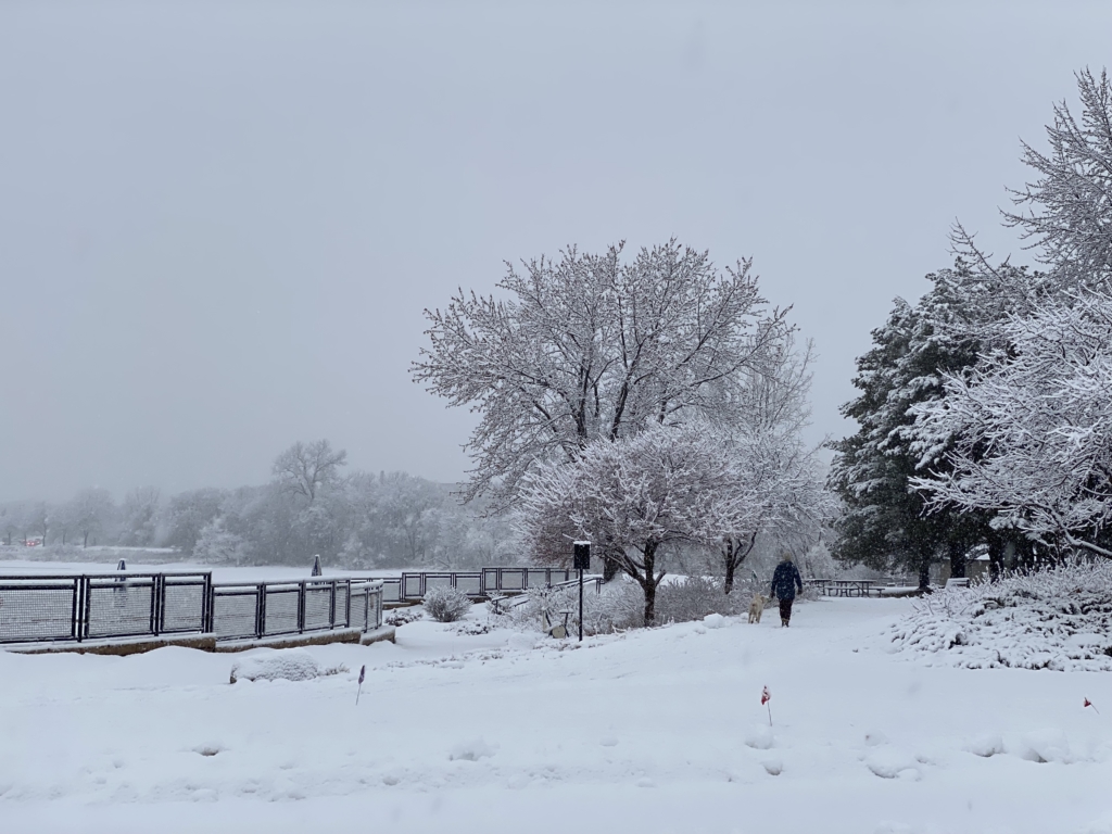 A dog and its human enjoy a snowy walk at Round Lake on Thursday, Dec. 15. Photo by Juliana Allen