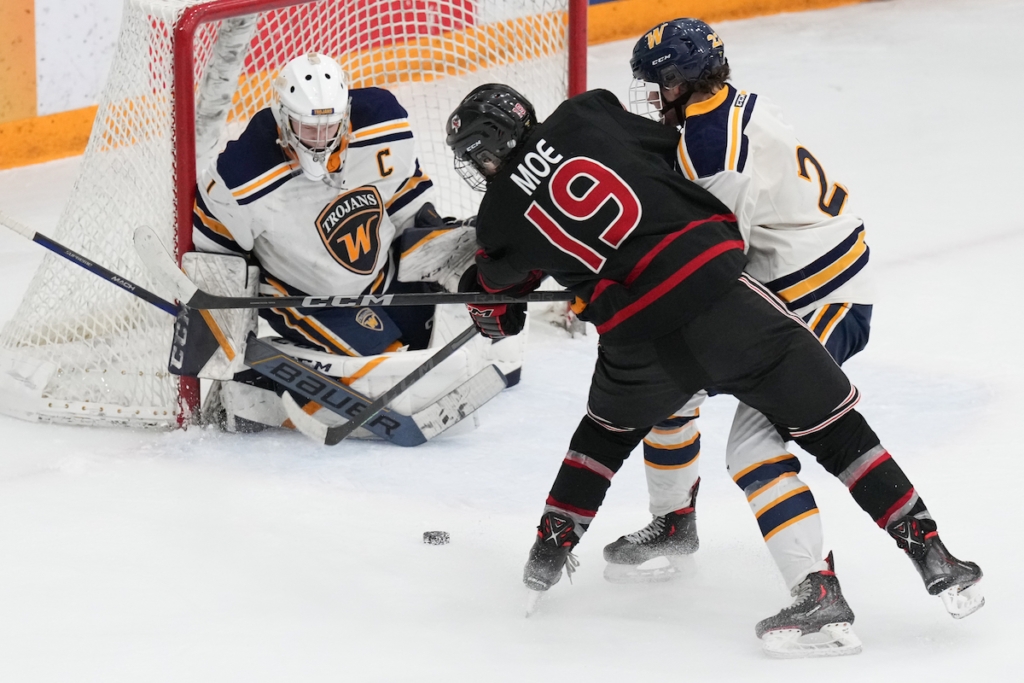 Eagles freshman forward Mason Moe (19) gets a shot on net in overtime Wednesday night vs. Wayzata. Photo by Rick Olson.