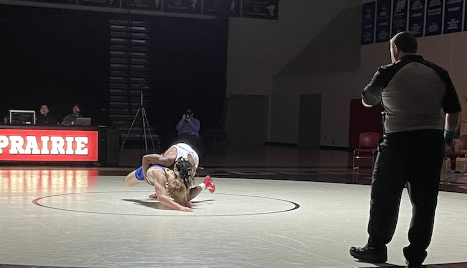 Eagles junior Terae Dunn won his 152-pound match with an 11-3 vs. STMA’s Eli Davis on Thursday. Staff photo