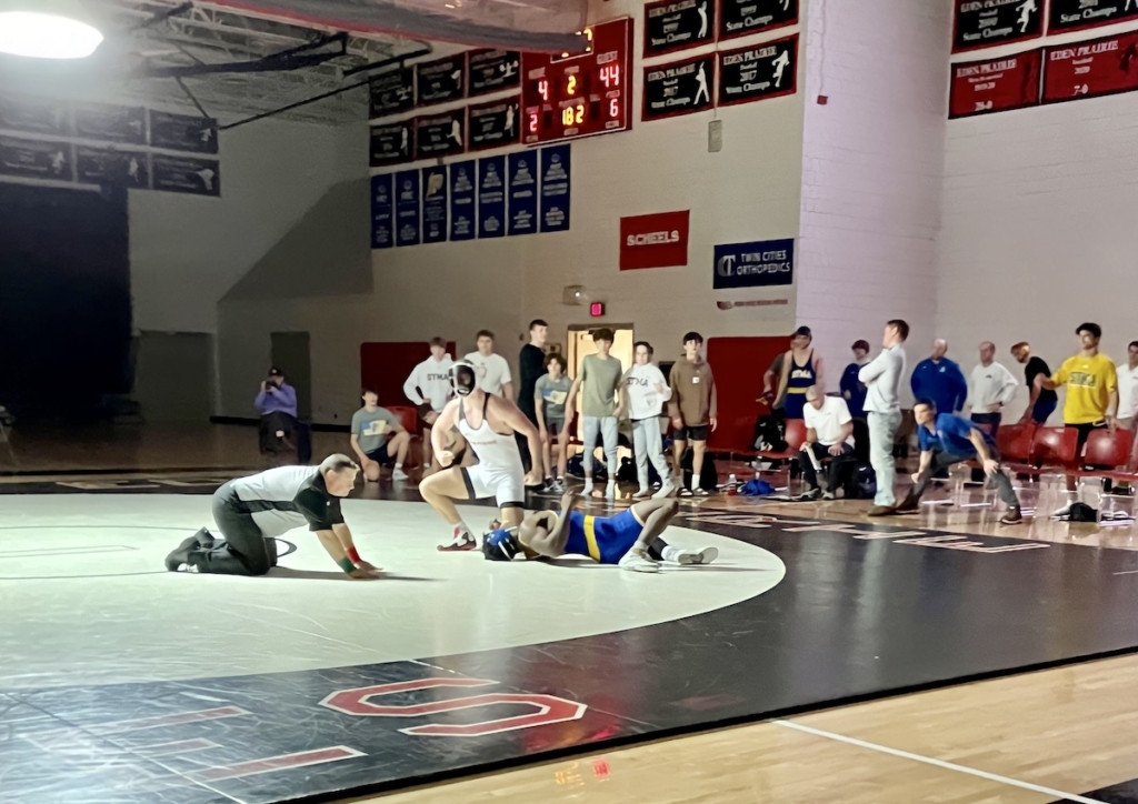 Eagles junior Will DiAna won by fall at 3:48 in his 182-pound match against STMA’s Byron Sauvy Thursday. Staff photo