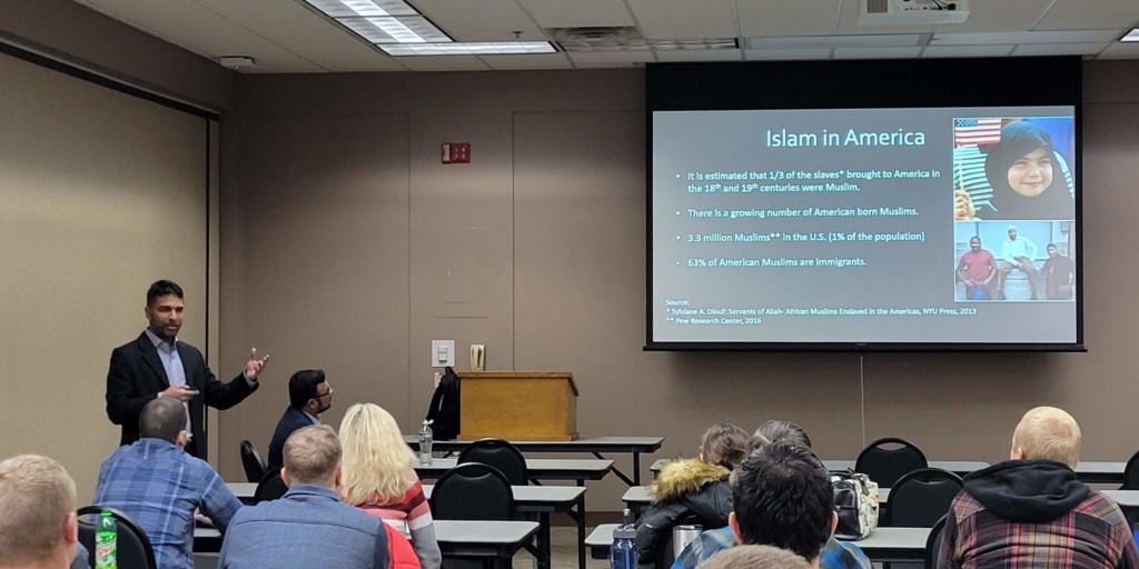 Rashed Ferdous, board chair of the educational nonprofit Islamic Resource Group, acquaints Eden Prairie Police staff with information on Islam during a training program held Jan. 11. Photo courtesy City of Eden Prairie