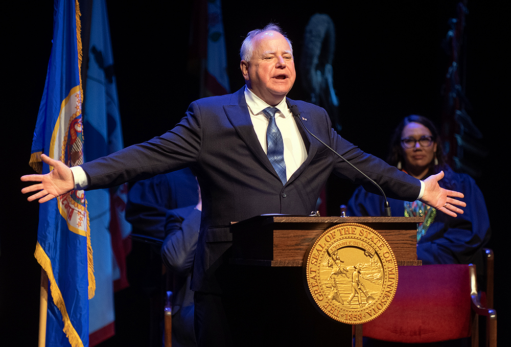 Gov. Tim Walz speaking during his inauguration ceremony on Monday.
MinnPost photo by Tom Olmscheid