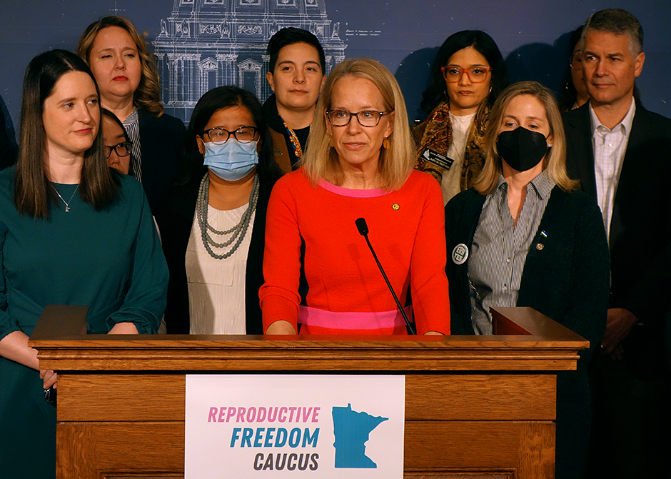 State Sen. Kelly Morrison, a doctor who practices obstetrics and gynecology, shown speaking last Friday during a Reproductive Freedom Caucus press conference.MinnPost photo by Peter Callaghan