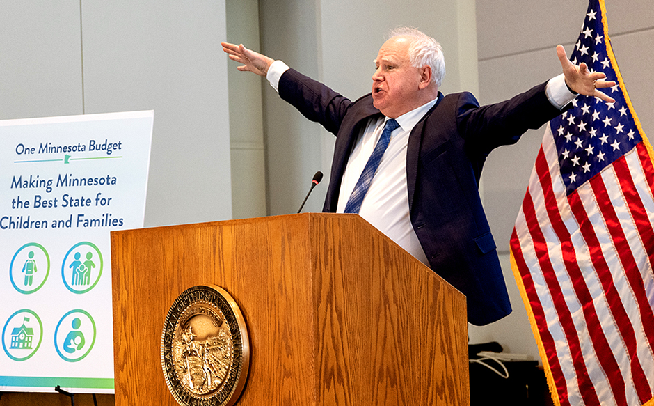 “This is a balanced budget, but it is far more than that,” Gov. Tim Walz said Tuesday in the fourth of five events convened over the past week or so to roll out different segments of the plan. “It is a transformational budget.” MinnPost photo by Tom Olmscheid