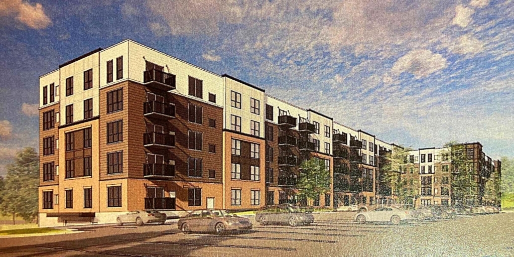 This drawing from Ryan Companies shows revisions to an apartment plan rejected on a preliminary basis by the city council in August. Ryan decided not to submit the revised project for city review, setting up Tuesday’s formal denial of the original project.