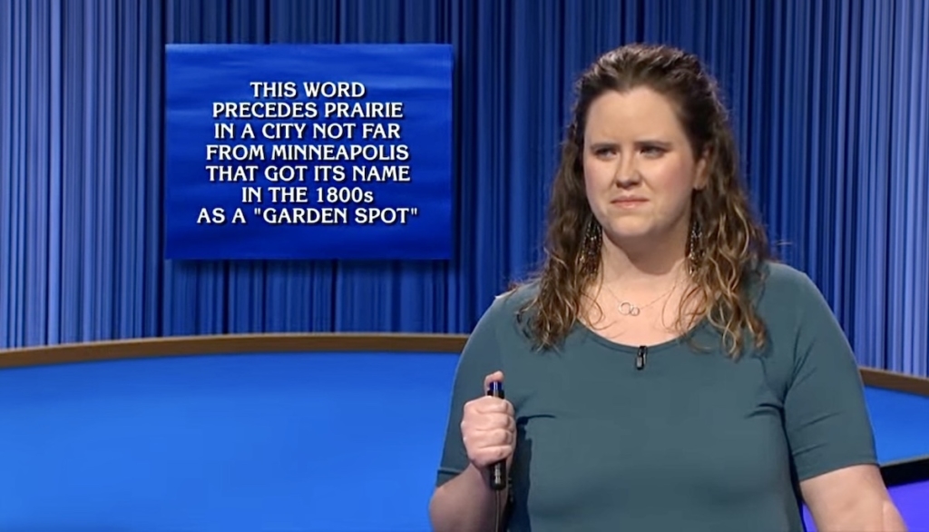 "Jeopardy" contestant Carolyn Shivers prepares to answer "What is Eden?" Screenshot