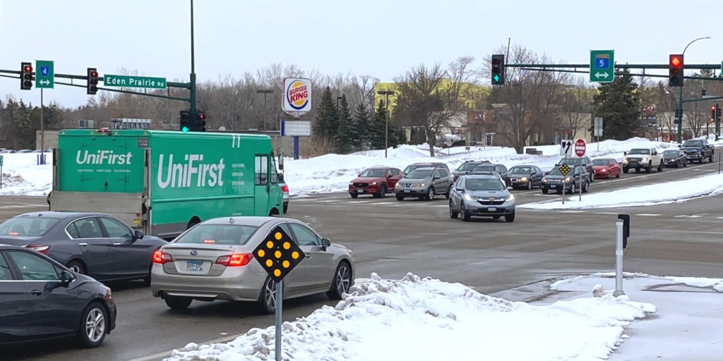 At peak times, the intersection of Highway 5 and County Road 4 has a “D” level of service, but it’s predicted to get worse. The city wants to begin finding a solution. Photo by Mark Weber