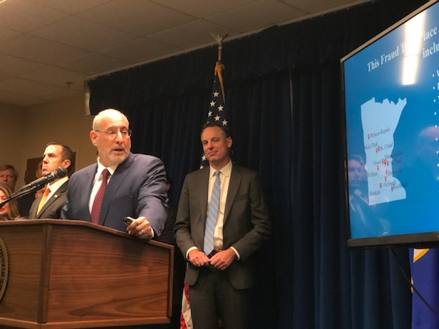 U.S. Attorney Andy Luger points out all the sites across the state where federal child nutrition program funds were misused at a September 2022 press conference. Deena Winter/Minnesota Reformer