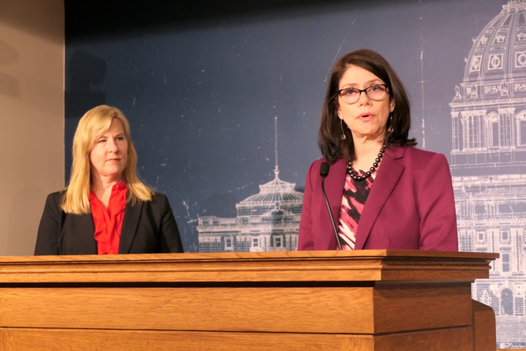 Senate Majority Leader Kari Dziedzic, right, and House Speaker Melissa Hortman announced DFL legislative priorities at the Capitol on Jan. 4. Photo by Michelle Griffith / Minnesota Reformer
