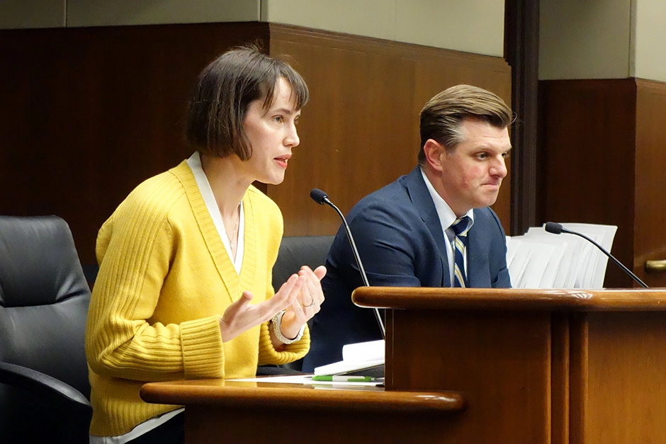 Minnesota Housing Partnership director of policy Libby Murphy, left, said dedicated revenue is needed for addressing affordable housing shortages and increasing evictions. State Rep. Mike Howard is at right. MinnPost photo by Peter Callaghan